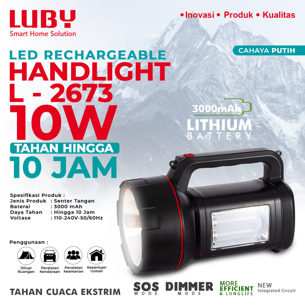 LUBY Flashlight Senter Tangan 10 Watt Tahan Lama Rechargeable L 2673