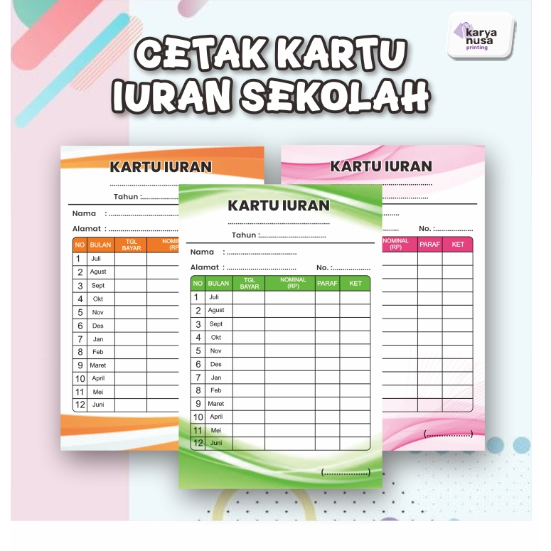 Cetak Kartu Iuran Sekolah SPP TPQ 10x15 cm ( Isi 20 ) Kertas BC Tebal Lembar Free Desain dan Cutting