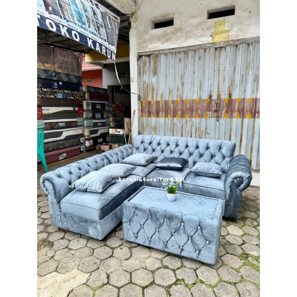 SOFA L SMOKE KANCING | SOFA L MINIMALIS | FREE ONGKIR BANDAR LAMPUNG