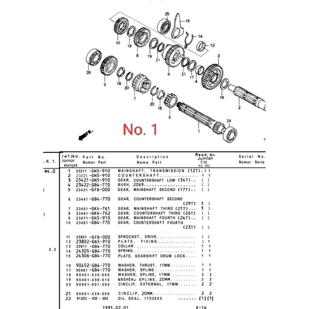 Mainshaft transmission untuk motor Astrea grand dan Prima number part 23211GN5910