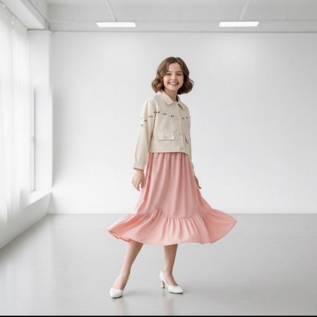 FASHION ANAK MUSLIM- BIPLI - USIA 6 - 11 TAHUN DRESS MIDI ANAK PEREMPUAN KATUN POLOS ROMPI BORDIR PA