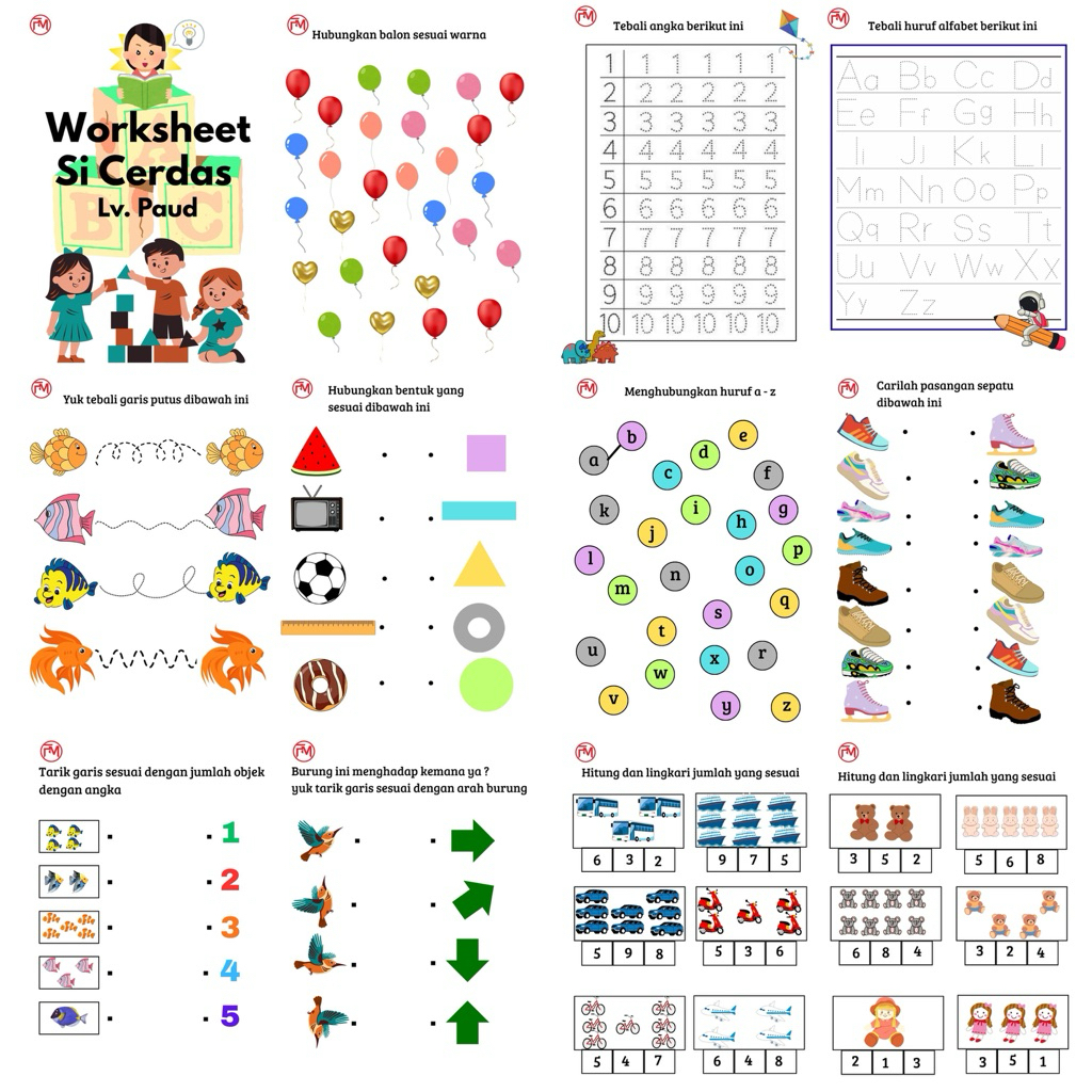 Worksheet anak level paud | Lembar kerja anak 40 lembar
