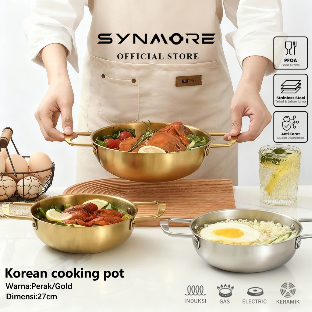 SYNMORE Panci Ramen Ramyun Korea Premium Perak/Gold untuk Sup Mie Stainless Steel
