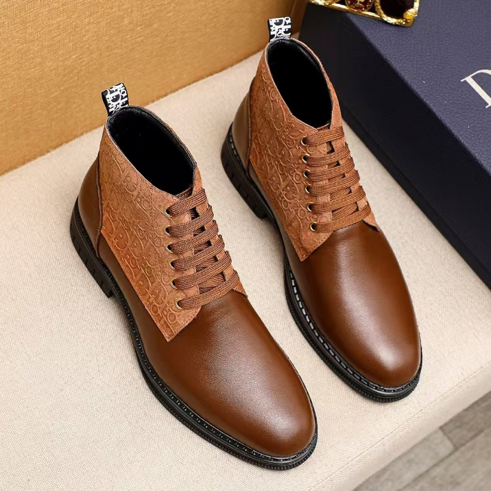 Dior men's leather lace up short boots, Martin style, high-quality brown high top leather shoes