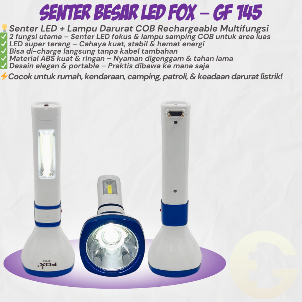 Senter Darurat LED FOX GF 145 Rechargeable | Lampu Emergency COB Super Terang Portable