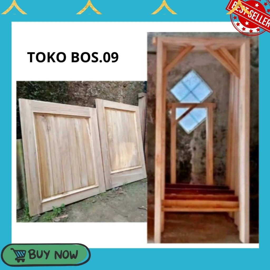 Pintu + Kusen Dapur Atas Bawah Kayu Mahoni Solid Model Garis