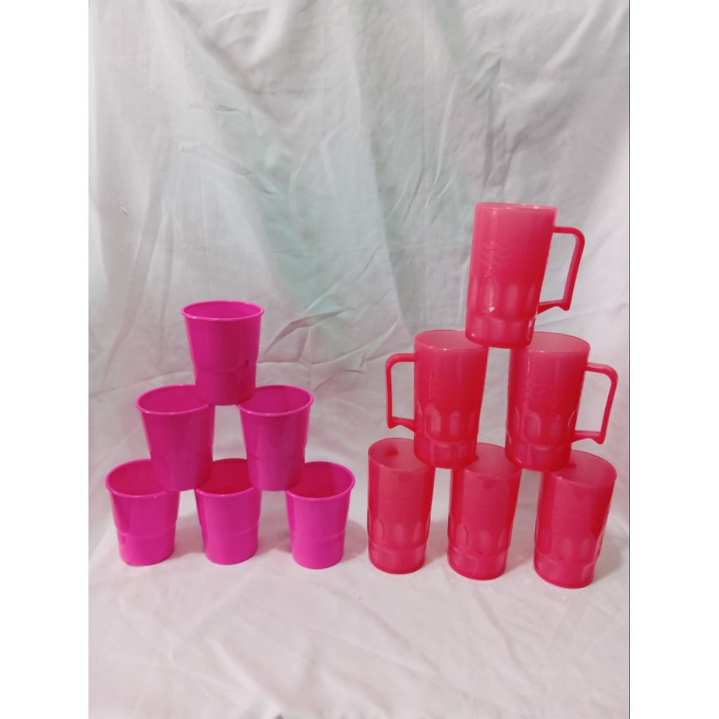 1 LUSIN/12 PCS GELAS PLASTIK CAMPUR/GELAS PLASTIK TEBAL WARNA PINK