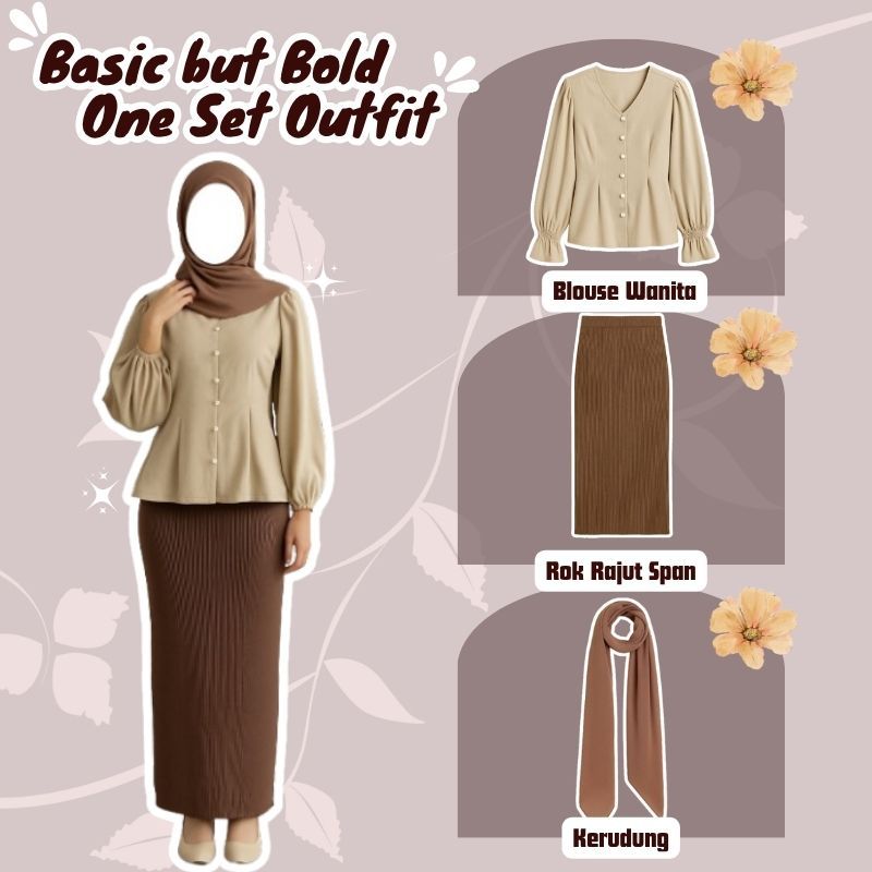 Outfit Wanita Kekinian One Set ( Top Blouse + Rok Rajut Span + Pashmina ) Ootd Hijab Style - 032
