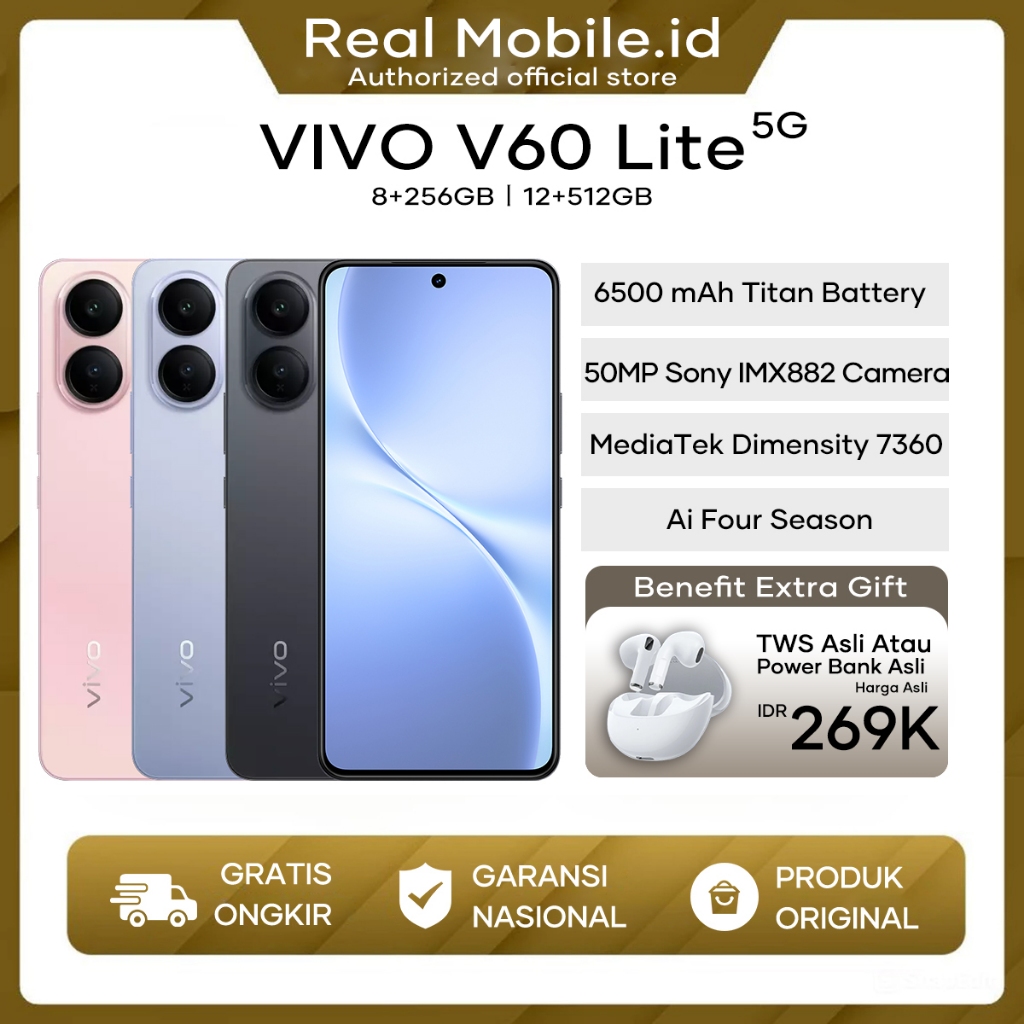 Vivo V60 Lite 5G 8/256GB 12/512GB - Garansi resmi, Vivo Terbaru 2025, HP Murah Original Asli