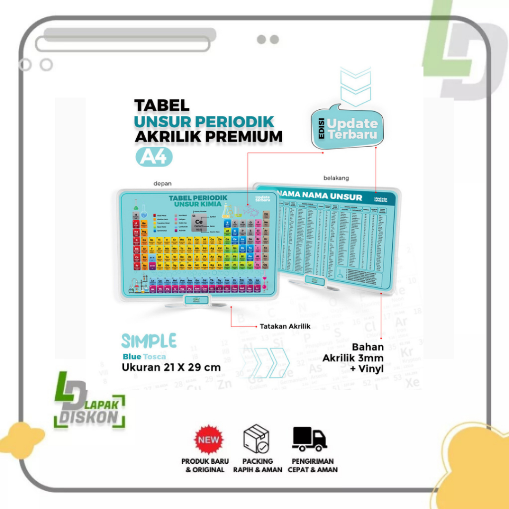 LD Akrilik -  Unsur Periodik Kimia Akrilik Premium , Bahan Akrilik 3MM+Vinyl ( Ukuran A4 Besar ) Edi
