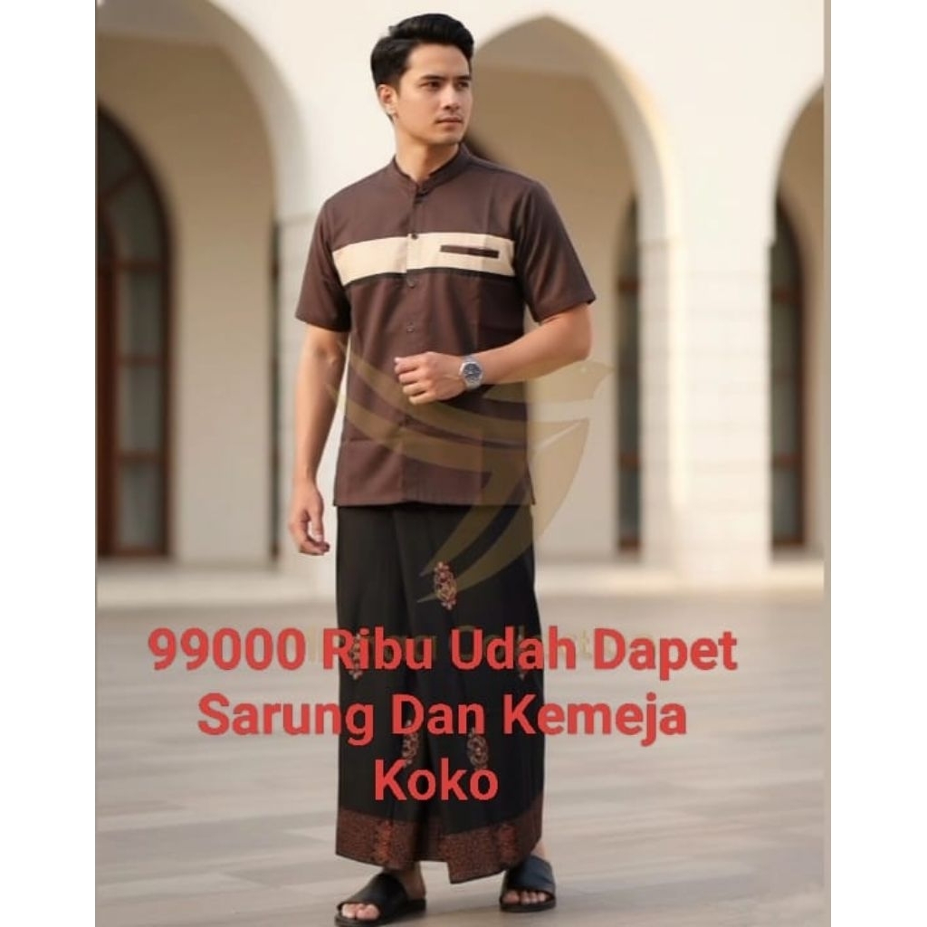 Koko One Set Sarung Batik Sarwon Koko Lengan Pendek Koko pria Dewasa