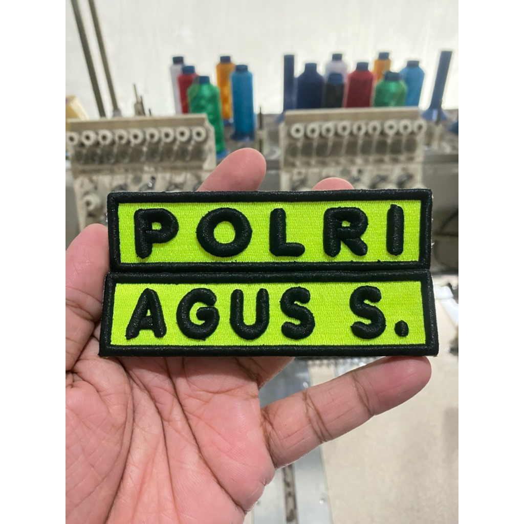 Bordir Nama Dada Background Stabilo Timbul 3D + Velcro / Perekat - Custom