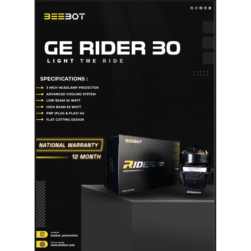 Beebot Biled Headlamp GE rider 30 projector 3 inc, Watt low 55 high 65 | PNP H4