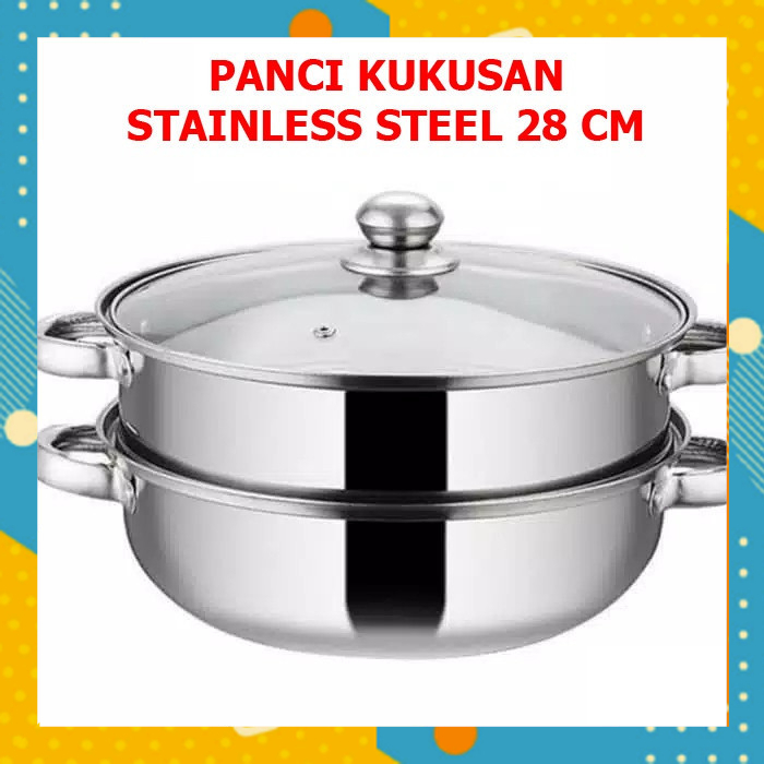 Panci Kukus 28 CM Kukusan Double Stainless Steel Steamer Dandang Kaca Sayur Daging Ayam Steam Tim TS