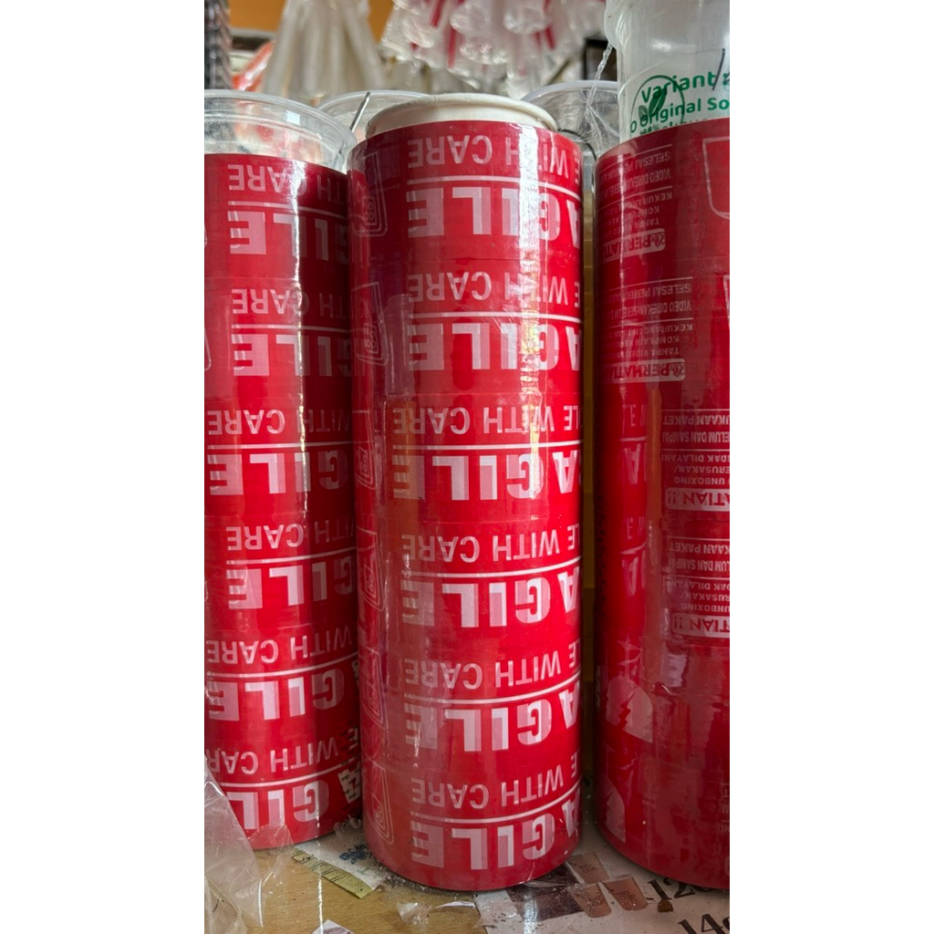 lakban fragile/lakban merah/lakban pembungkus paket merah