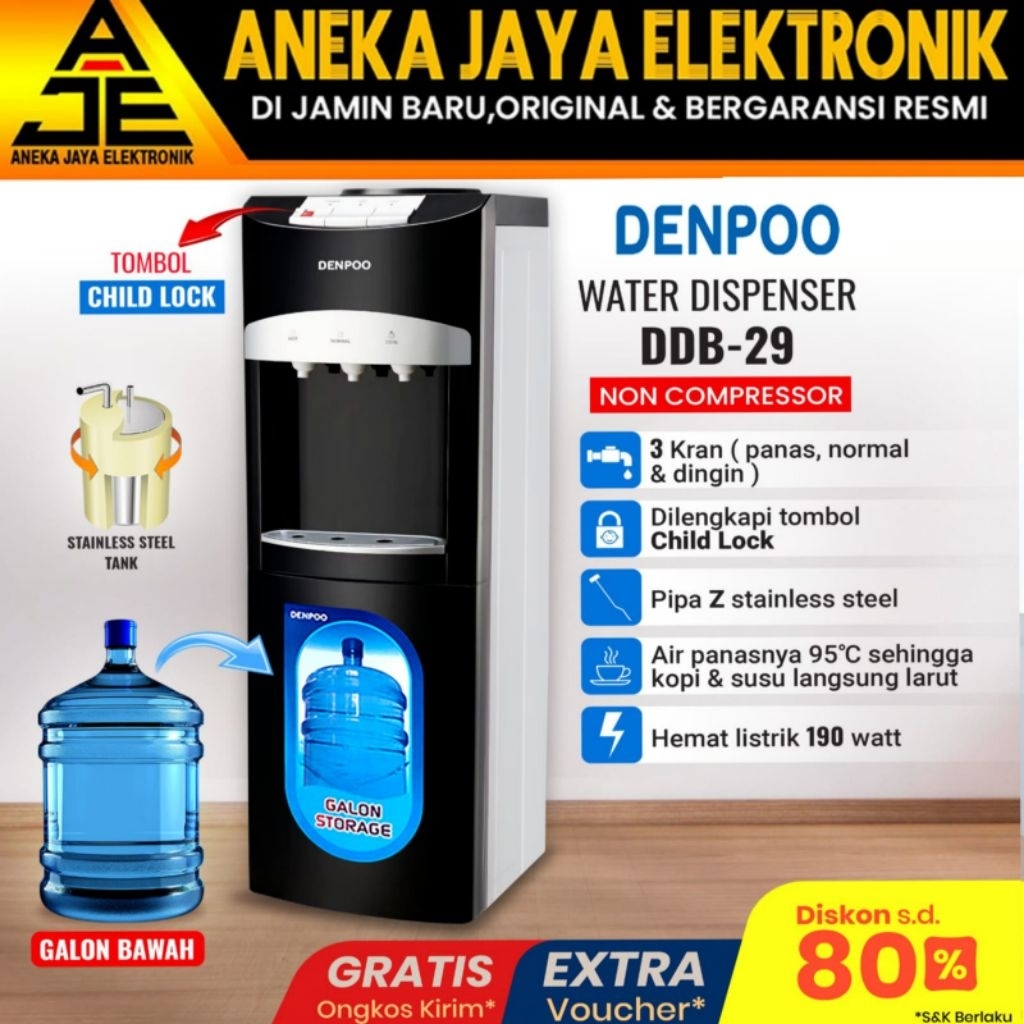 Dispenser Denpoo GALON BAWAH Bestseller 190WAAT DDB 29 HITAM ( NON KOMPRESSOR )