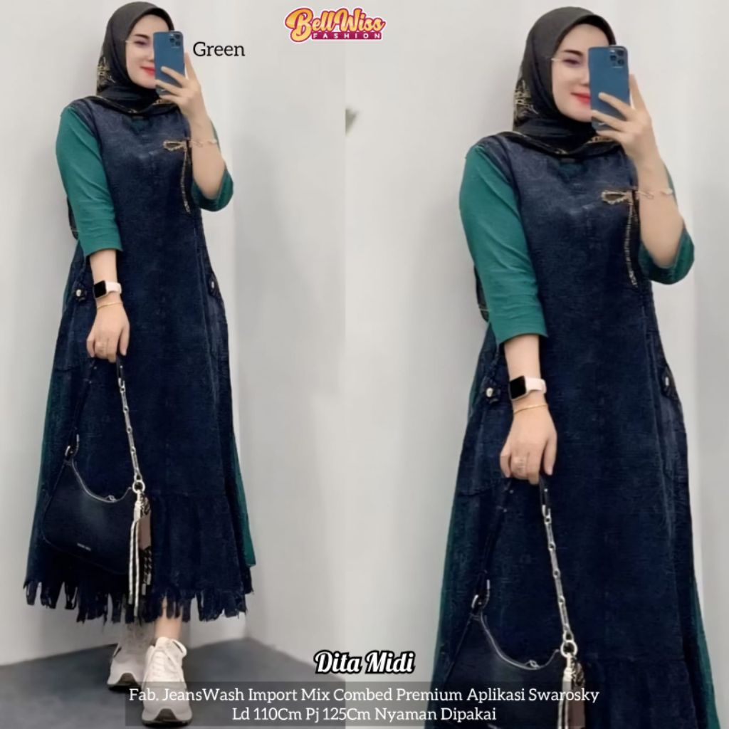 Dita dress MIDI jeans wash import / gamis denim premium