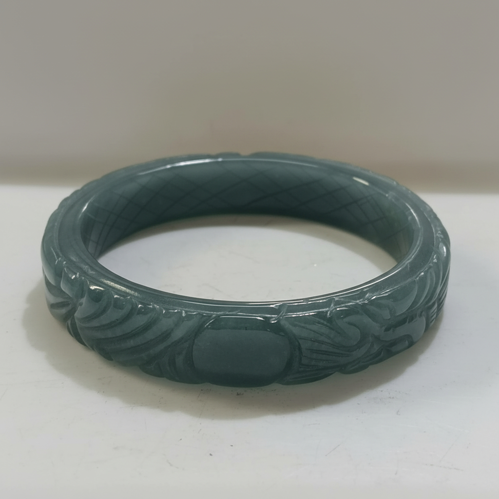 Gelang Giok Ukir Naga/Flora Asli Natural Bangle | Jadeite/Nephrite Jade Tipe A | Karya Seni Tiongkok