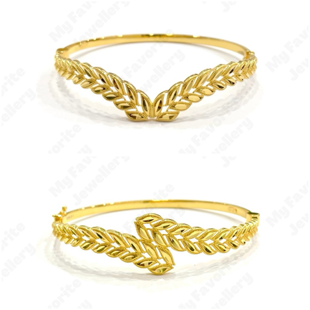 Gelang Bangle Daun Aurel dan Silang Mewah Simpel Emas Asli Kadar 875 20karat