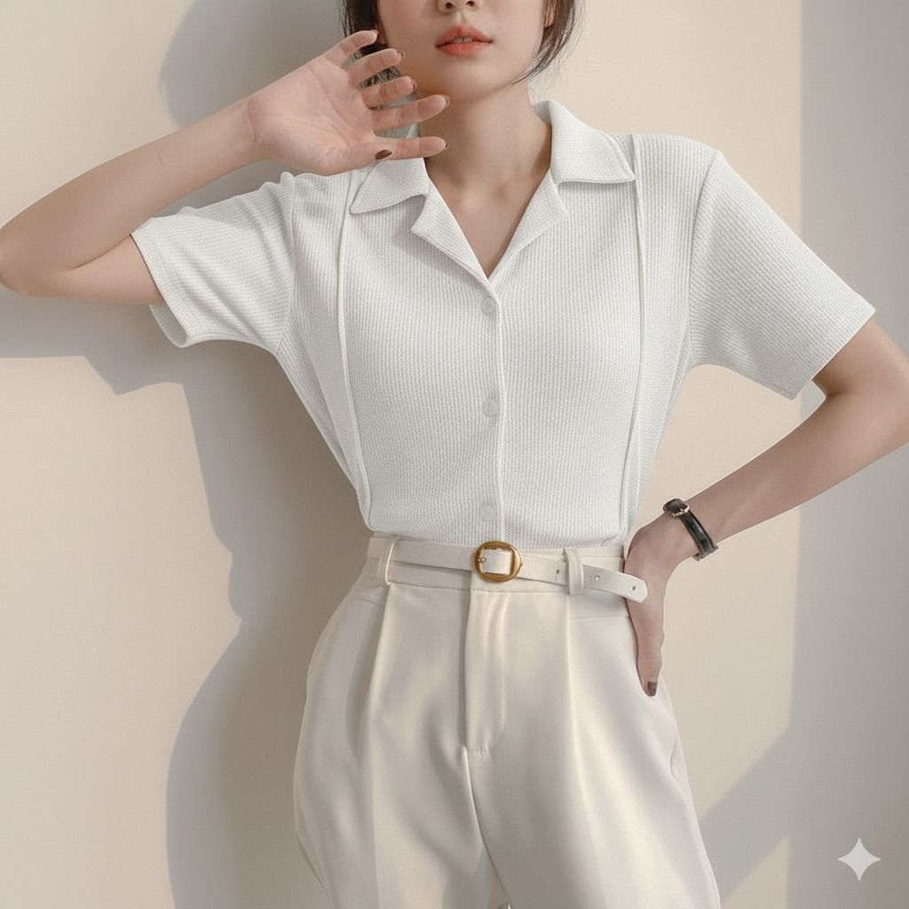 baju Rajut waffle uniqlo bahan lembut atasan tangan pendek kancing kemeja