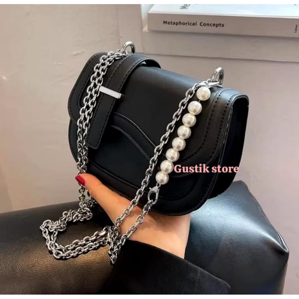 tas selempang wanita jasmin strip korean style  terbaru /slinbag tali rantay mutiara