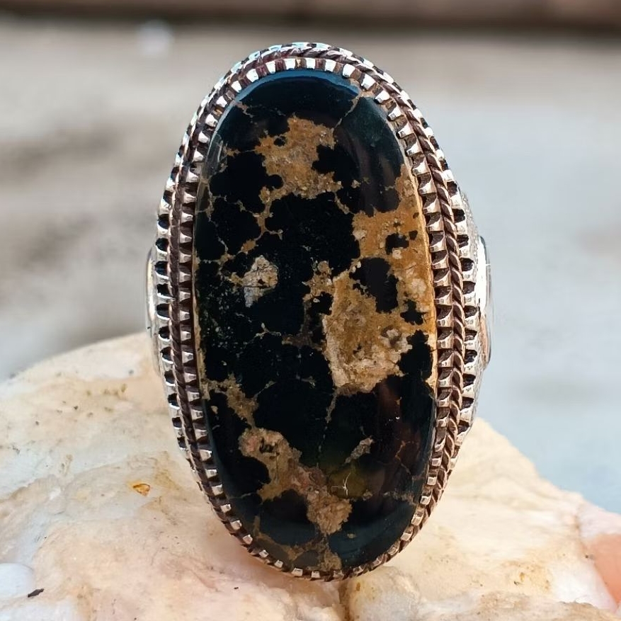 Pirus Persia lawasan hitam porslen ring perak