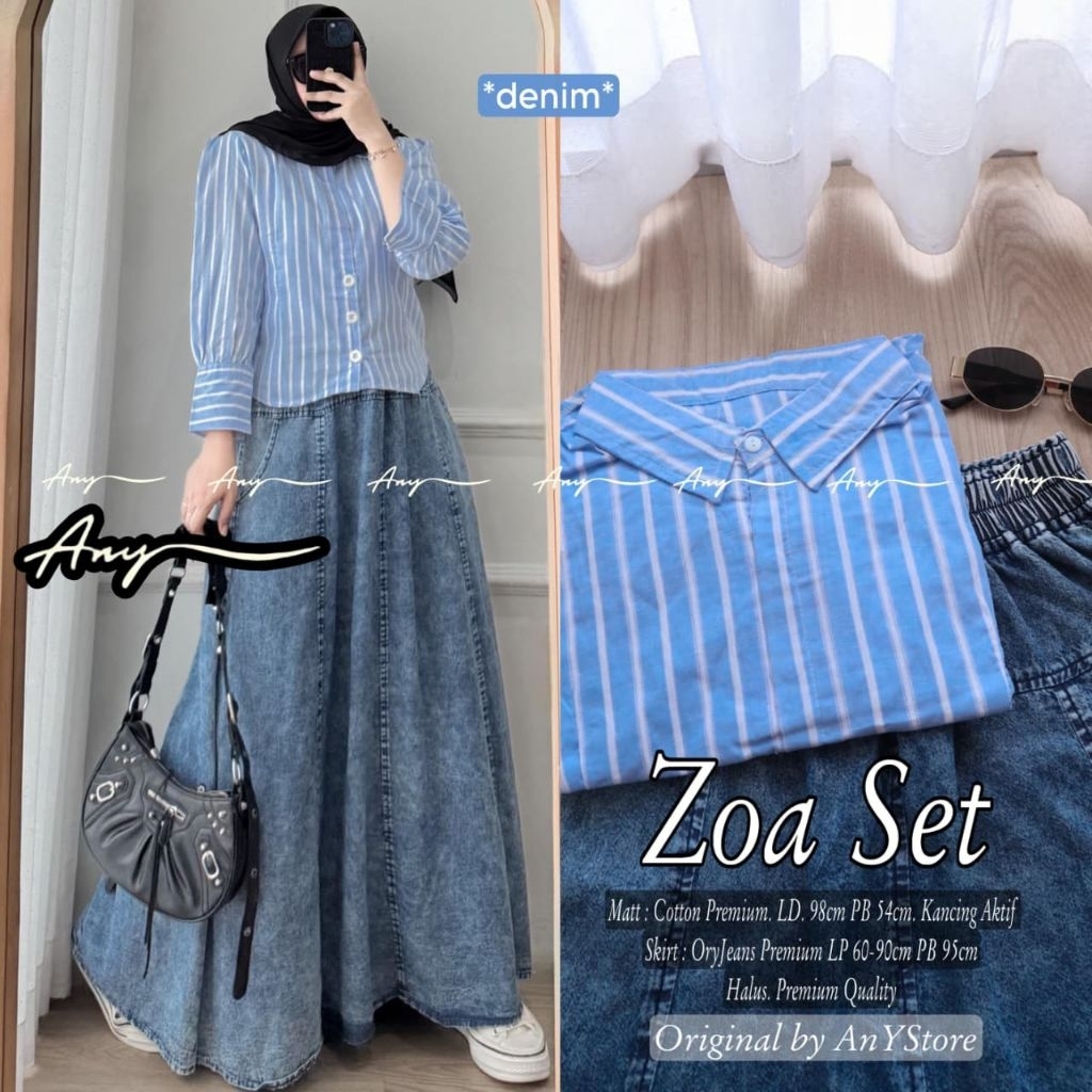 Zoa Set Jeans Rok Mayung Atasan Katun Salur (Any)