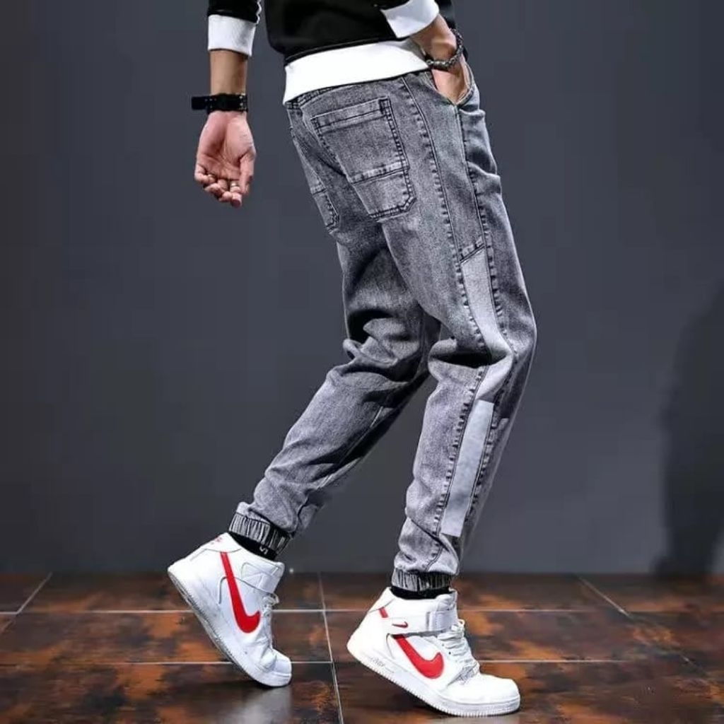 QCRRA Celana Jeans Jogger Denim Stretch Pria Snow Grey List Premium