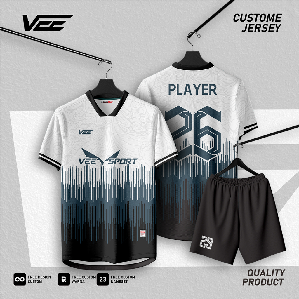 Jersey Baju Bola Futsal Gratis Sablon Nama Nomor Logo Warna Putih Hitam