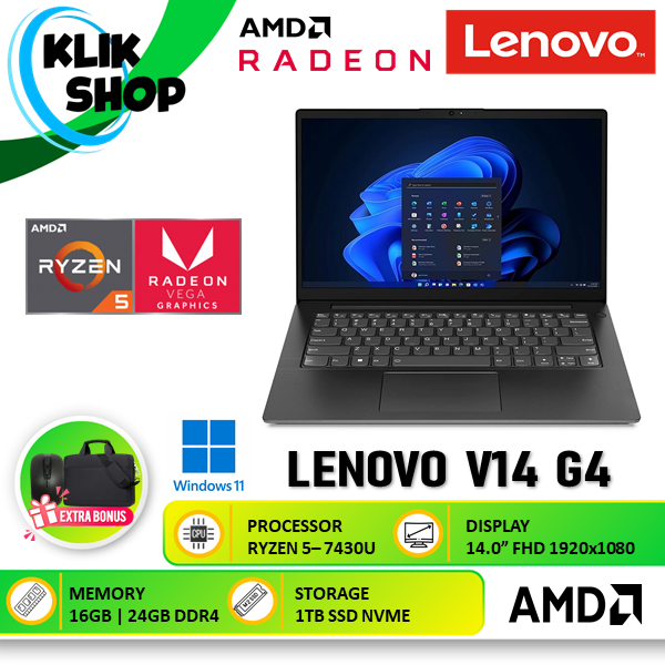 Laptop Lenovo V14 G4 AMD Ryzen 5 -7430U 24GB RAM 1TB SSD FHD Windows 11 Black