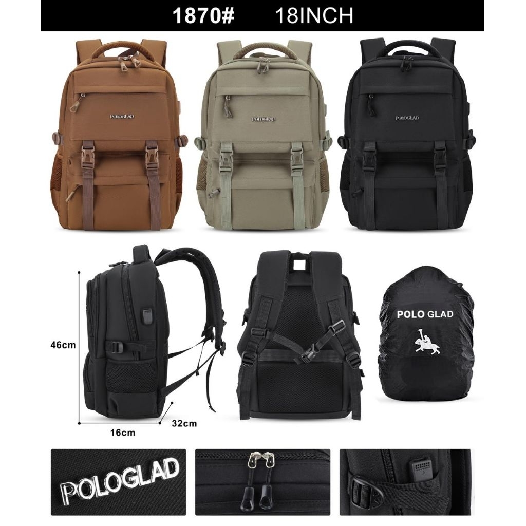 Polo Glad Tas Ransel Pria Wanita Ransel Sekolah 18 Inch Kanvas Original Polo