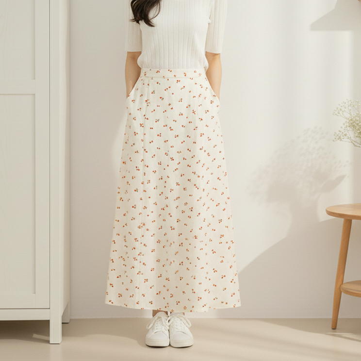 Rok Panjang Motif Bunga Korea - Warna Soft Aesthetic - Korean Skirt