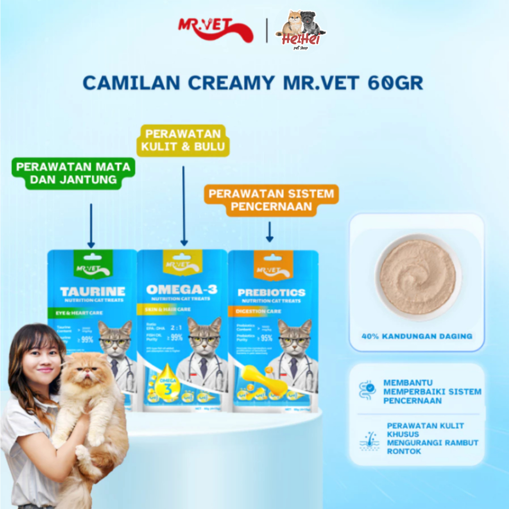 Mr. Vet Creamy Treats Omega 3, Prebiotik dan Taurin Cat treat 60g - Cemilan Kucing Mr Vet Probiotik 
