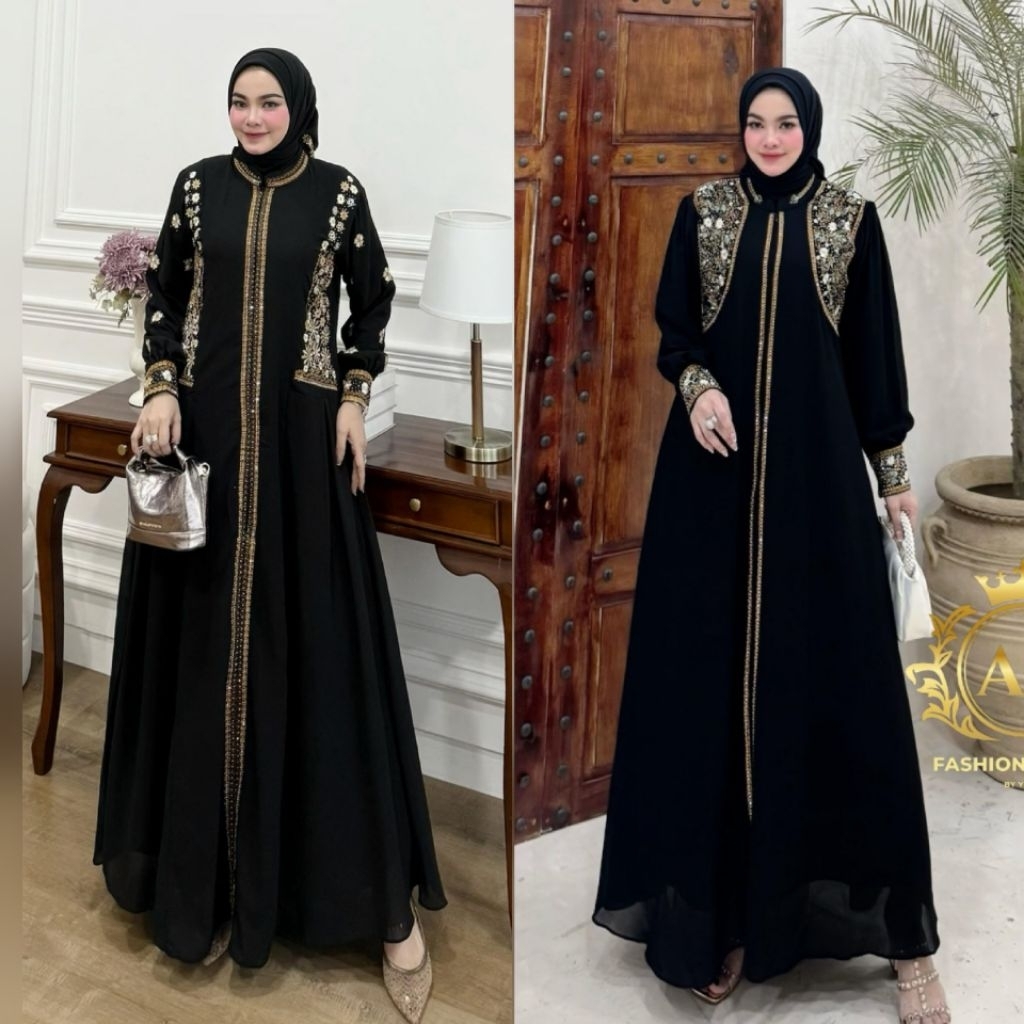 Gamis KHANZA Dan  ARESHA Set Hijab Segi Empat  (DRESS SET HIJAB SEGI EMPAT ) Simpel Mewah Dan Elegan
