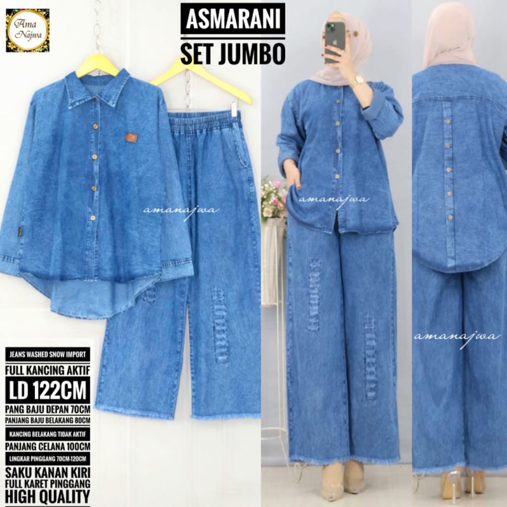 SETELAN JEANS WANITA JUMBO LD 122 ASMARANI SET KEMEJA DAN CELANA KULOT