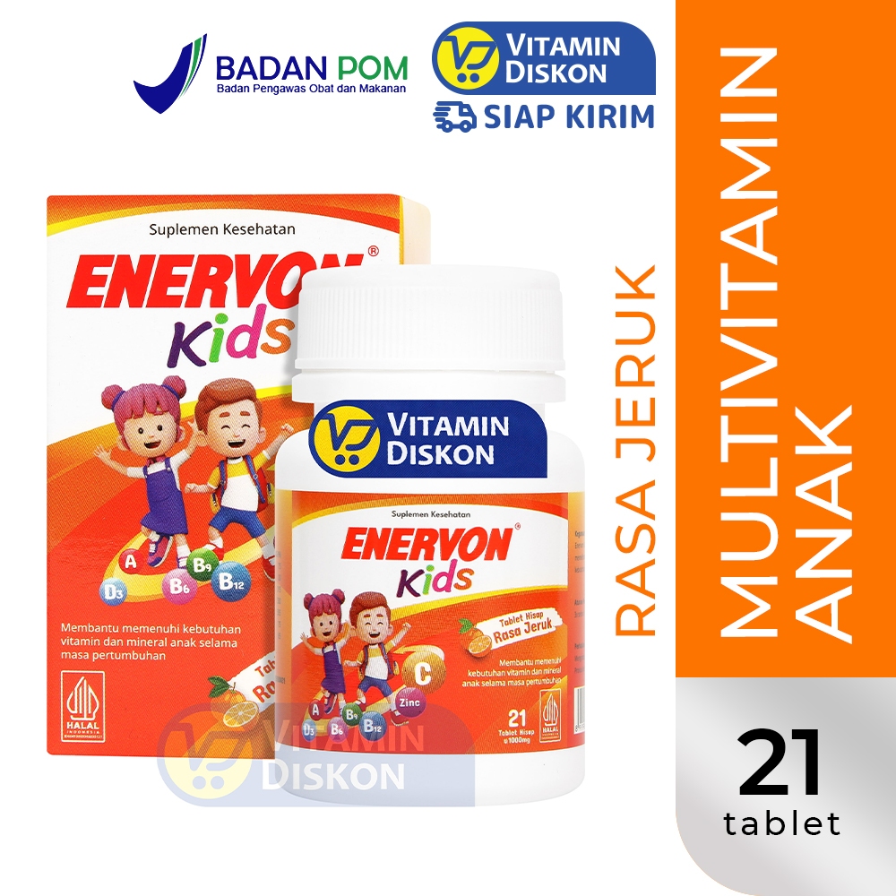 ENERVON KIDS TABLET HISAP JERUK ISI 21 TAB| Suplemen Kesehatan Anak, Multivitamin Anak, Tablet Hisap