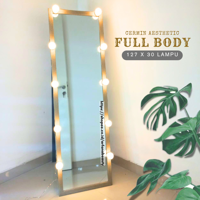 Cermin Aesthetic Vanity Mirror Full Body Kaca Standing Berdiri Dekorasi Penghias Kamar Cermin Lampu 
