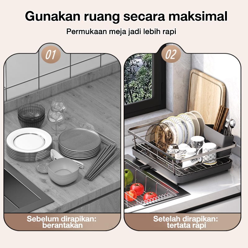 Rak Piring Rak Wastafel Stainless Cuci Piring Penyimpanan Mangkuk Mangkuk Piring Kaca