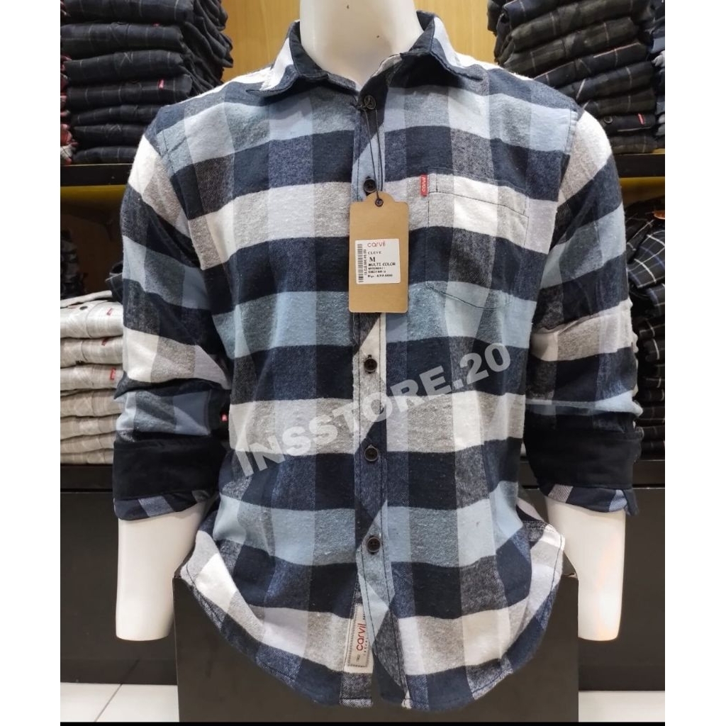 KEMEJA FLANEL PRIA CARVIL JEANS ORIGINAL SLIM WARNA BIRU LENGAN PANJANG KUALITAS PREMIUM