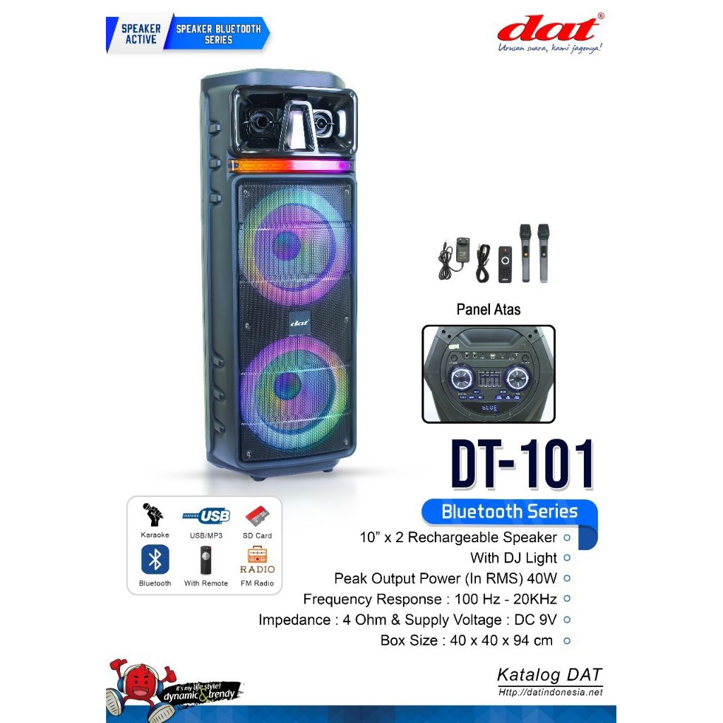 DAT Speaker DT-101 - Bluetooth Karaoke Speaker 2×10", USB/SD, FM Radio, DJ Light, 2 Mic Wireless + R