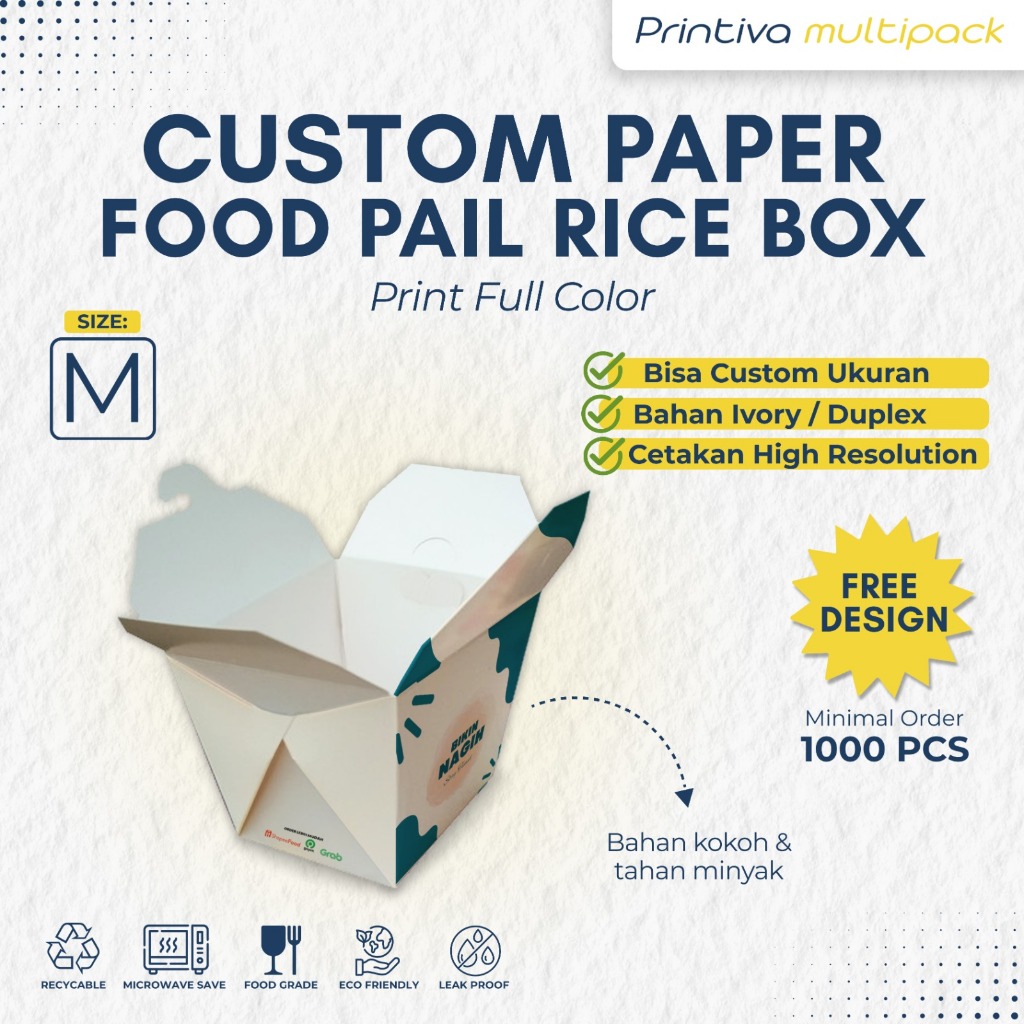 CUSTOM Cetak Food Pail Selip Size M IVORY food grade/ PAPER RICE BOX