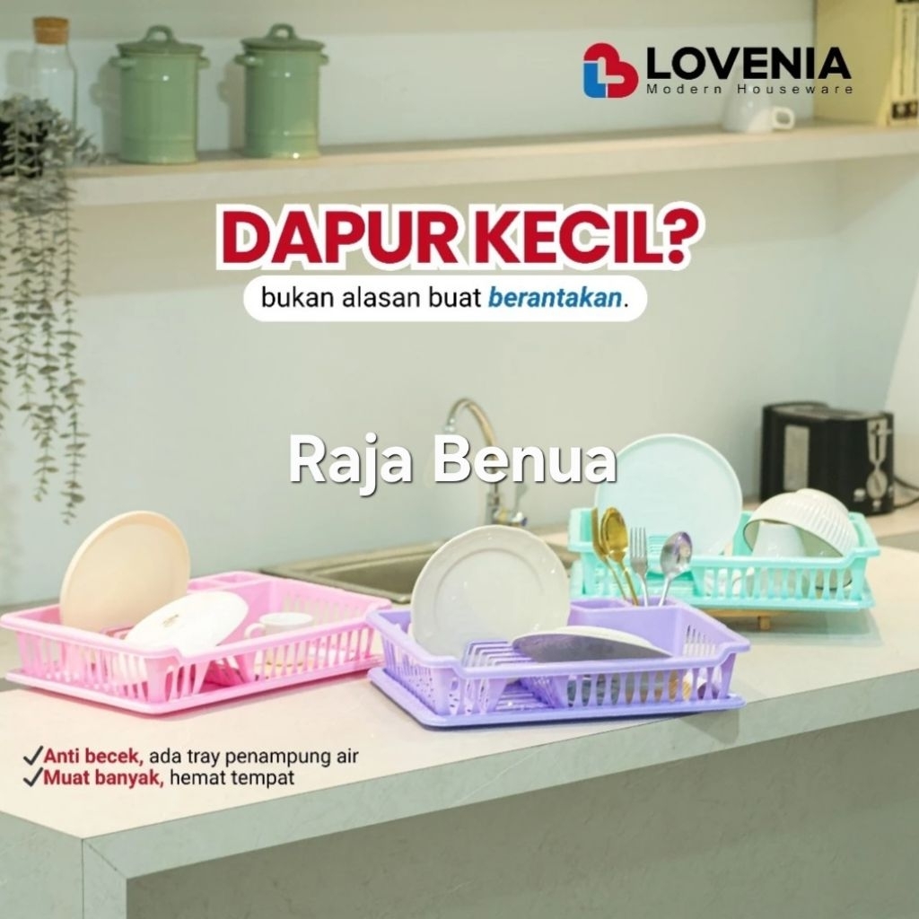 Rak Piring Plastik Dapur 1 Tingkat Dengan Tatakan Piring Basah Dish Rack Nampan Rak Cuci Piring LOVE