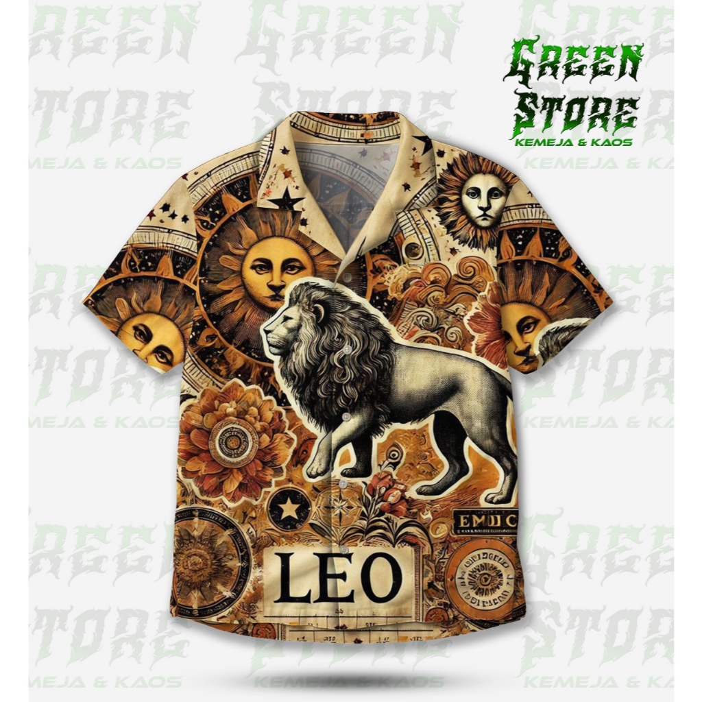 GREEN STORE Kemeja Hawaii Motif Zodiak Leo Singa Matahari Vintage Unisex Premium | GS-176