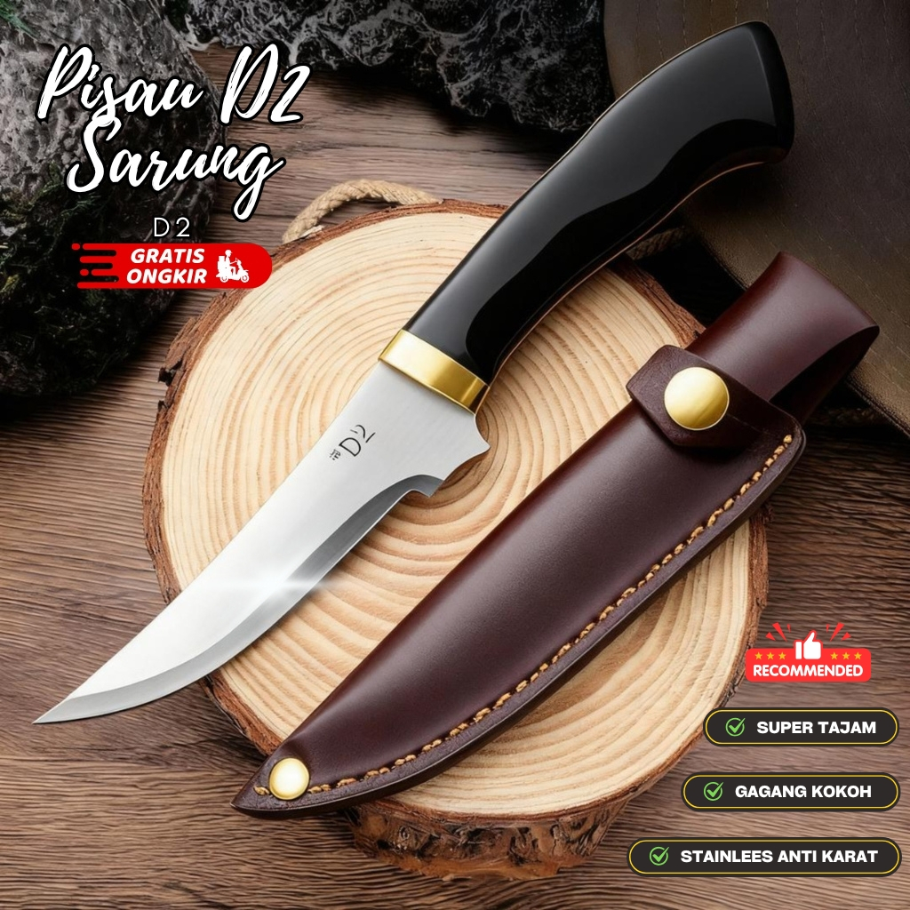 Pisau Outdoor D2 Steel Japanese Tanto + Sarung Kulit – Fixed Blade Survival Premium