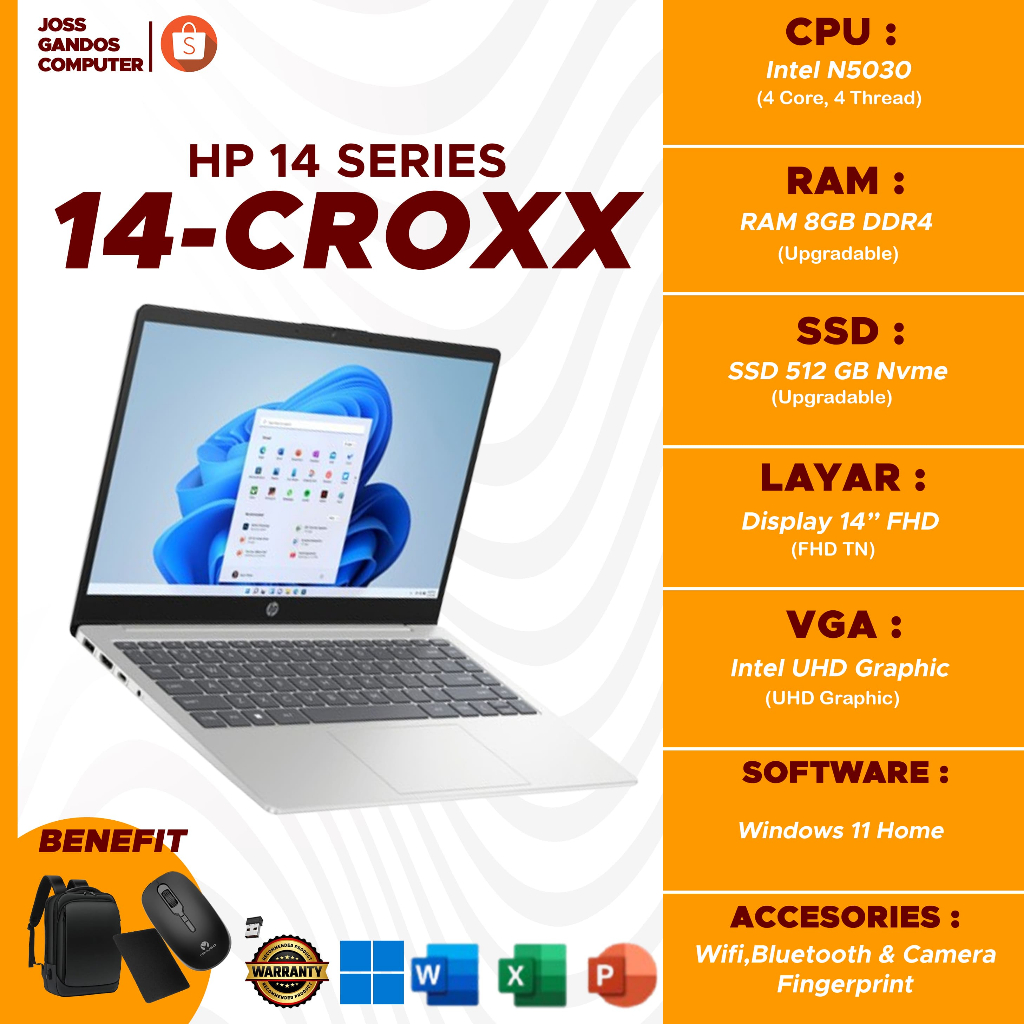 HP 14-CROXX /INTEL N5030U / RAM 8 GB DDR4 / SSD 256 GB/ WINDOWS 11 HOME /14 FHD"