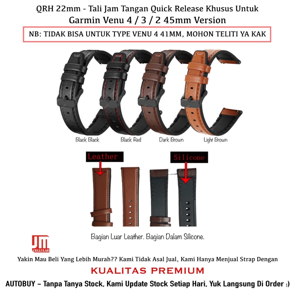 QRH 22mm Hybrid Watch Leather Strap Garmin Venu 4 / 3 / 2 45mm Version - Tali Jam Tangan Kulit Rubbe