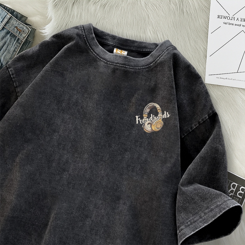 99Premium  -  Tshirt Kaos Lengan Pendek Motif Headset Kaos Oversize Wanita Hitam Washed | Bahan  Cot