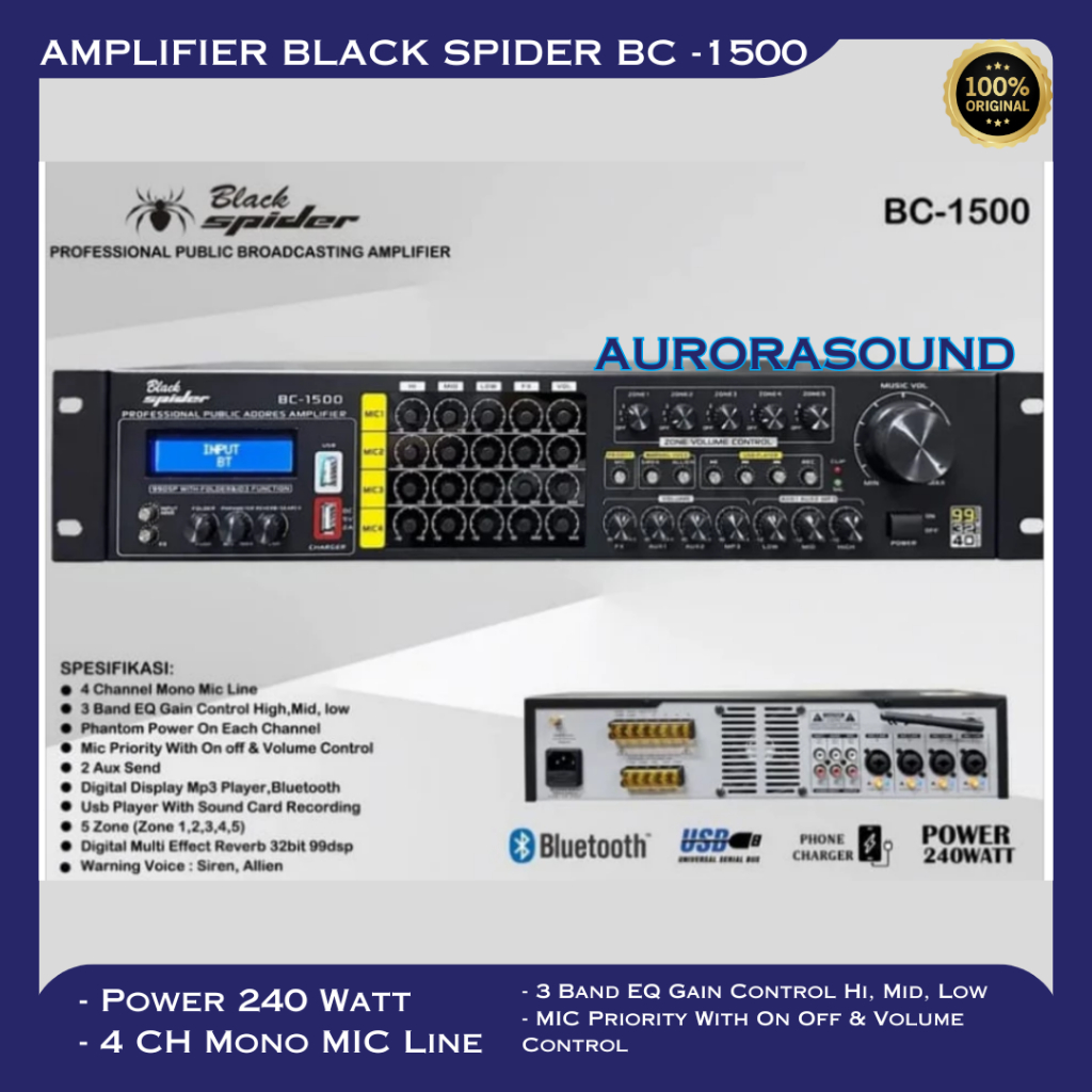 PROFESSIONAL PUBLIC BROADCASTING AMPLIFIER BLACK SPIDER BC 1500 AMPLI 240 WATT BLACKSPIDER BC1500 OR
