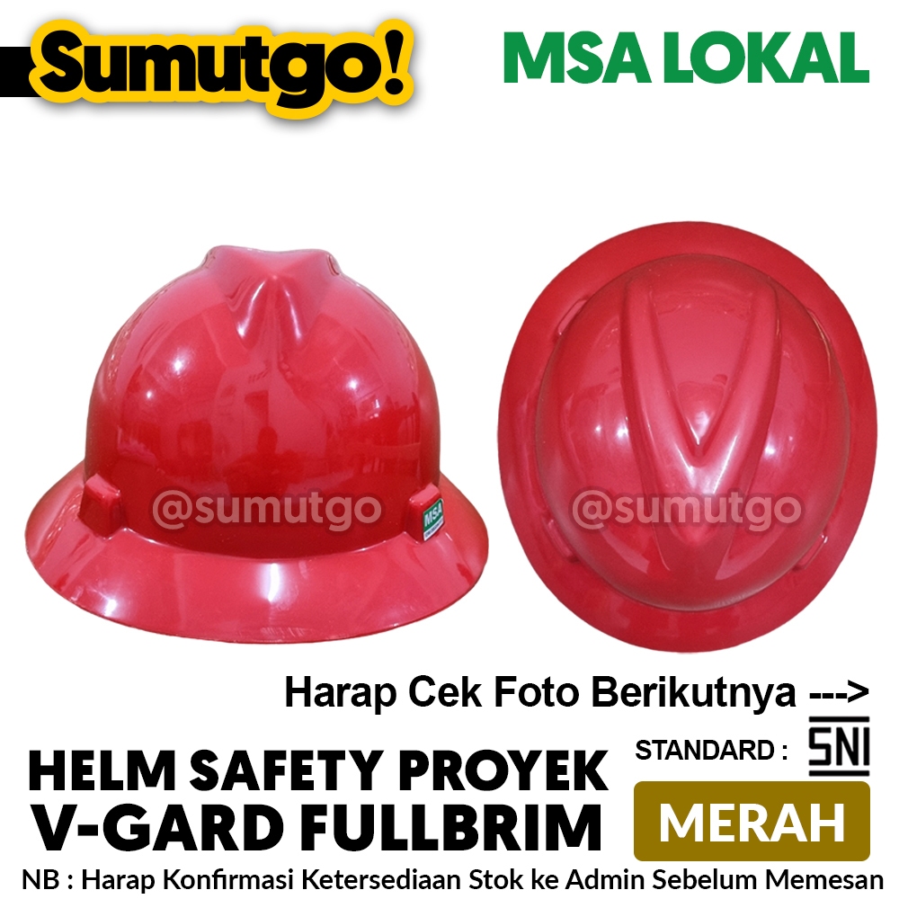 Helm Safety Proyek Bulat Full Brim warna Merah merek MSA Lokal + ikat Kepala Putar Fastrac Stealth W