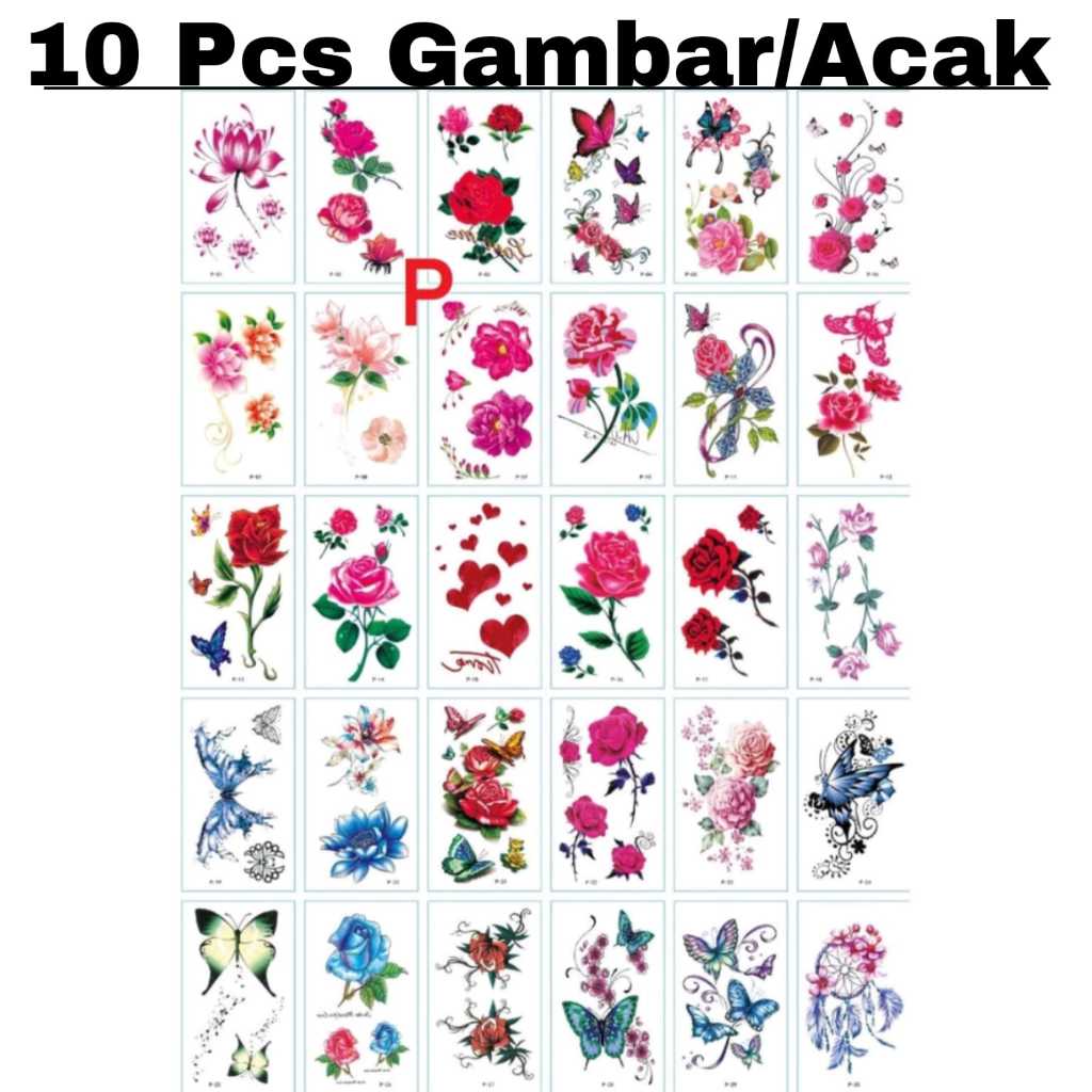 (Paket 10 Lembar) Tato Temporer Tattoo Seri P BUNGA RANDOM desain seperti di gambar tahan 2-4 hari s